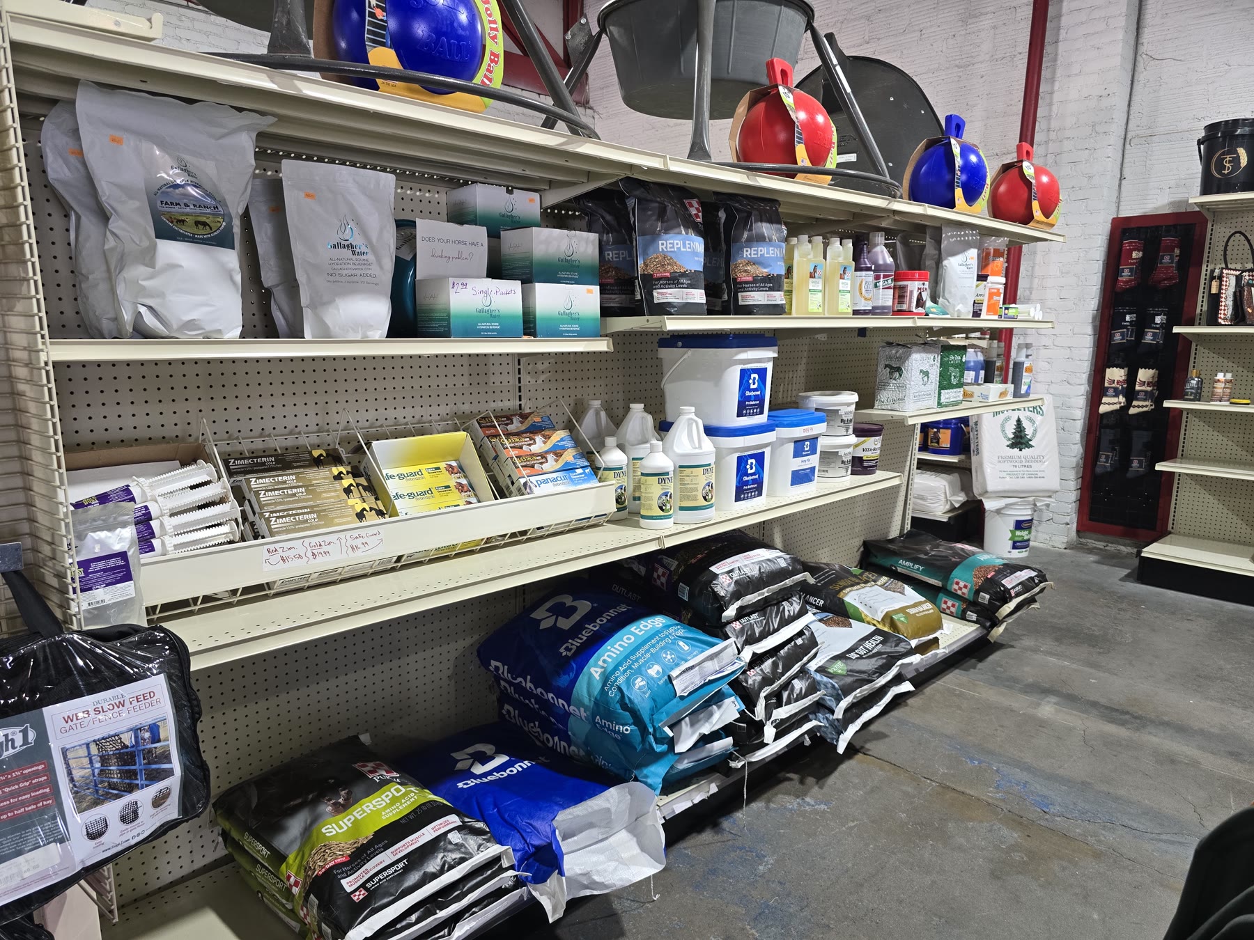 Equine supplements and horse feed on the shop shelves