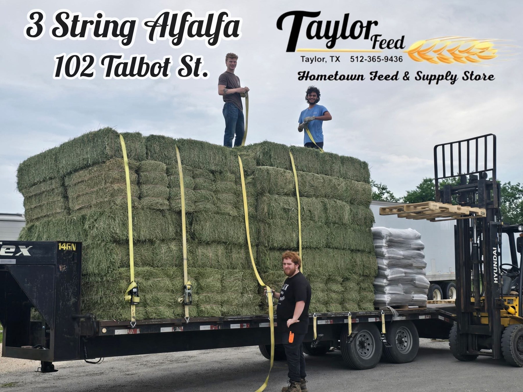 3-string alfalfa stacked on a trailer at Taylor Feed & Supply